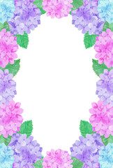 イラスト素材：水彩絵の具で描いたかわいい紫陽花の縦位置の背景（紫・ピンク・水色）
