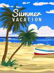 Summer Vacation, Tropical Summer Travel Poster, ocean, sea, palms, sky, beach. Tourism concept template