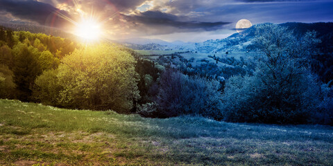 day and night time change in carpathian mountains. beautiful nature scenery in spring. landscape...