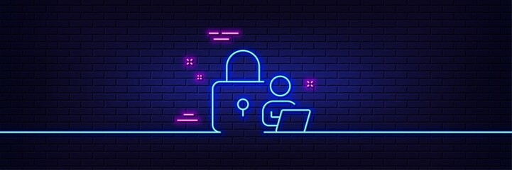 Neon light glow effect. Lock line icon. Security access sign. Online padlock symbol. 3d line neon glow icon. Brick wall banner. Lock outline. Vector