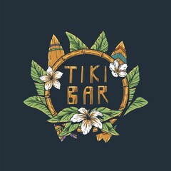 Surfing bar with surfs and tropical leavs, flowers. Exotic hawaii, surfboards for summer prints or tropic beach © Casoalfonso