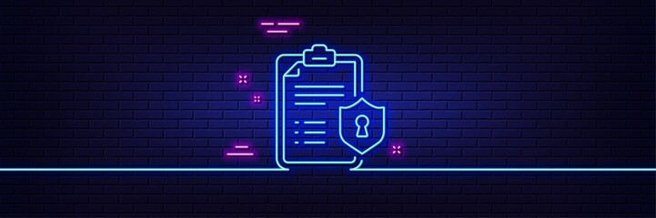 Neon light glow effect. Checklist line icon. Privacy policy document sign. 3d line neon glow icon. Brick wall banner. Privacy policy outline. Vector