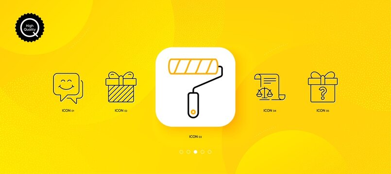 Legal documents, Paint roller and Smile face minimal line icons. Yellow abstract background. Secret gift, Surprise icons. For web, application, printing. Justice scale, Painter brush, Chat. Vector