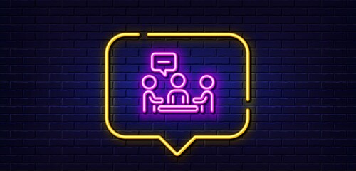Neon light speech bubble. People chatting line icon. Business seminar sign. Job meeting symbol. Neon light background. People chatting glow line. Brick wall banner. Vector