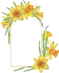 Watercolor daffodil frame.  Spring yellow flowers. Perfect for wedding invitation, greeting cards