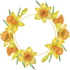 Watercolor daffodil frame.  Spring yellow flowers. Perfect for wedding invitation, greeting cards