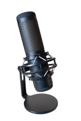 Microphone on a white background. Isolated. Modern, backlit microphone. Concept for podcast, stream, blogger, and broadcast.