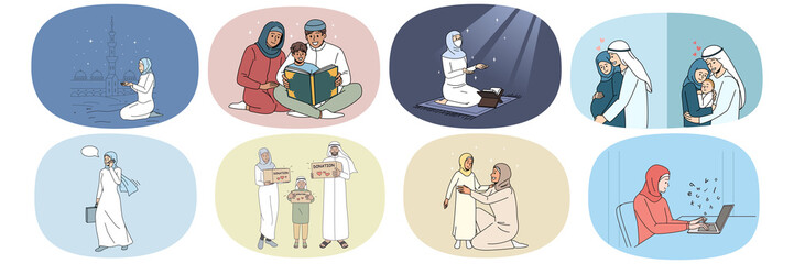 Set of religious Muslim family in traditional clothing praying to Allah. Collection of Arabian people follow moslem traditions and customs. Religion and faith concept. Vector illustration. 