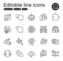 Set of Education outline icons. Contains icons as Electricity plug, Speech bubble and Windmill turbine elements. Paper clip, Workflow, Lgbt web signs. Time management, Work home. Vector