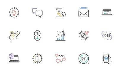 Computer fingerprint, Chemistry dna and Heart line icons for website, printing. Collection of Speech bubble, Mail, Repair document icons. Development plan, Idea, Road web elements. Vector