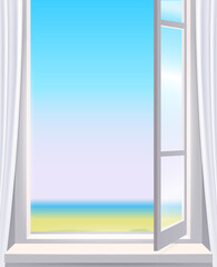 Opened window in interior, view on landscape, spring, curtains. Vector illustration template realistic