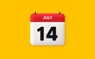 Calendar date 3d icon. 14th day of the month icon. Event schedule date. Meeting appointment time. Agenda plan, July month schedule 3d calendar and Time planner. 14th day day reminder. Vector