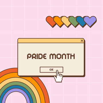 Social media post in old school nostalgic design for LGBTQ Pride Month. Retro 80s 90s aesthetic background with rainbow and hearts. Queer poster or card in vaporwave Y2K style. Vector illustration.