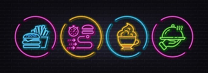 Food delivery, Burger and Cappuccino cream minimal line icons. Neon laser 3d lights. Restaurant food icons. For web, application, printing. Order timer, Cheeseburger, Coffee with whipped cream. Vector