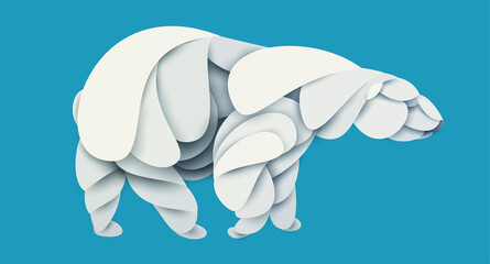 Polar bear silhouette isolated on blue background. Abstract wild animal. Creative 3d concept in cartoon craft paper cut style. Colorful minimal design character. Modern geometric vector illustration.