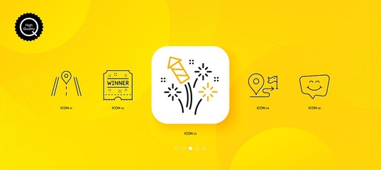 Fototapeta na wymiar Road, Smile chat and Winner ticket minimal line icons. Yellow abstract background. Journey, Fireworks rocket icons. For web, application, printing. Journey highway, Happy face, Carousels award. Vector