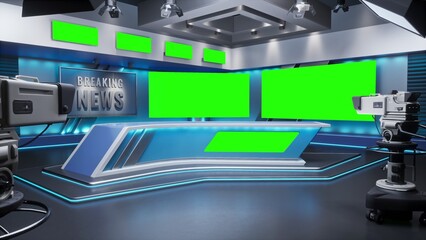 Tv Studio. Studio. News studio. Newsroom Background for News Broadcasts. Blurred of studio at TV station. News channel design. Control room. 3D rendering. Green screen