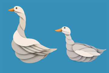 Goose and duck silhouette isolated on blue background. Abstract farm animal. Creative 3d concept in cartoon craft paper cut style. Minimal design character. Modern geometric vector illustration.