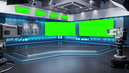 Tv Studio. Studio. News studio. Newsroom Background for News Broadcasts. Blurred of studio at TV station. News channel design. Control room. 3D rendering. Green screen