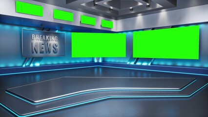 Obraz premium Tv Studio. Studio. News studio. Newsroom Background for News Broadcasts. Blurred of studio at TV station. News channel design. Control room. 3D rendering. Green screen