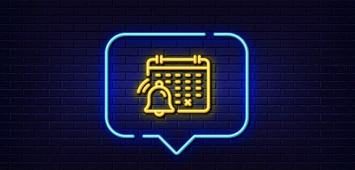 Neon light speech bubble. Notification calendar line icon. Bell alarm reminder sign. Alarm clock symbol. Neon light background. Notification calendar glow line. Brick wall banner. Vector