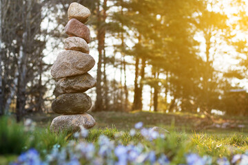 Balancing tower of large stones standing on top of each other on background of trees and spring flowers in sun. Calmness and relaxation concept