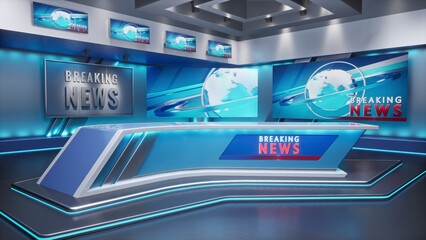 3D Virtual TV Studio News, Backdrop For TV Shows. TV On Wall.