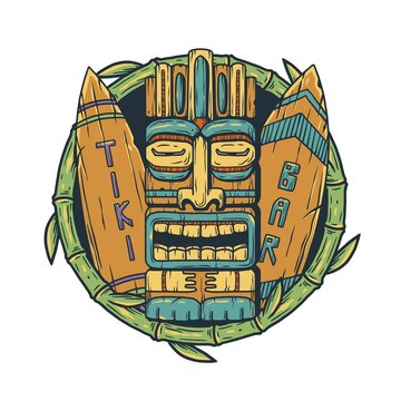 Surfing board and tiki bar with tiki mask, surfs and tropical leavs. Exotic hawaiian mask and surfboards for summer prints or tropic beach	