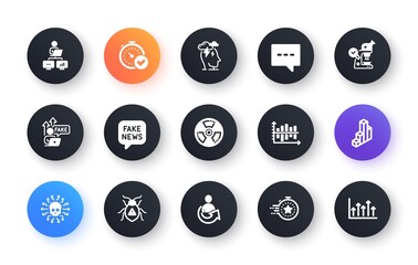 Minimal set of 3d chart, Stress and Work home flat icons for web development. Blog, Fast verification , Fake internet icons. Timer, Fake news, Share web elements. Diagram chart. Vector