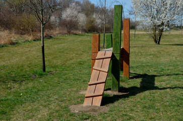 park for dogs. training ground for dogs. Tunnels and beams, obstacle courses made of acacia and...