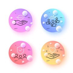 Leaf, Hold heart and Teamwork chart minimal line icons. 3d spheres or balls buttons. Security agency icons. For web, application, printing. Plant care, Friendship, Networking. Body guard. Vector