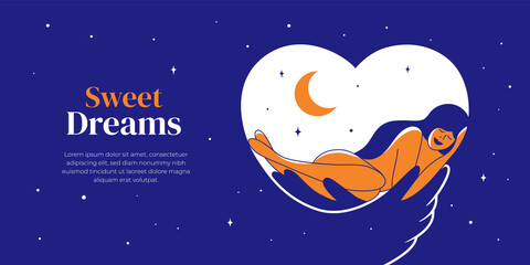 Sweet dreams, healthy sleep, relax time, self body care. Beautiful woman sleeping in starry sky. Female figure in love embrace of night hands. Moon, heart vector illustration. Design layout template