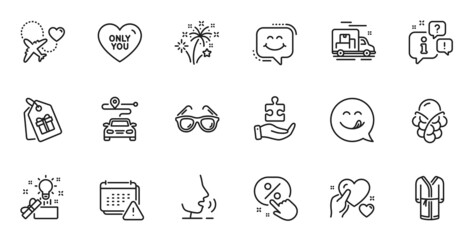 Outline set of Only you, Bathrobe and Honeymoon travel line icons for web application. Talk, information, delivery truck outline icon. Include Creative idea, Yummy smile, Journey icons. Vector