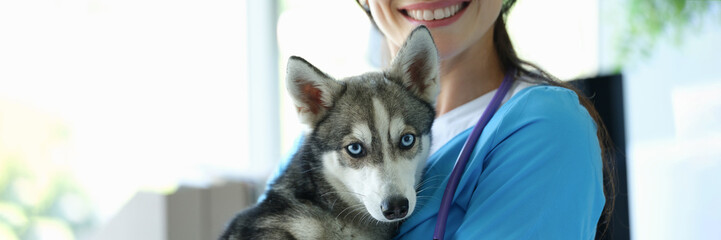 Young smiling veterinarian holds dog in arms closeup