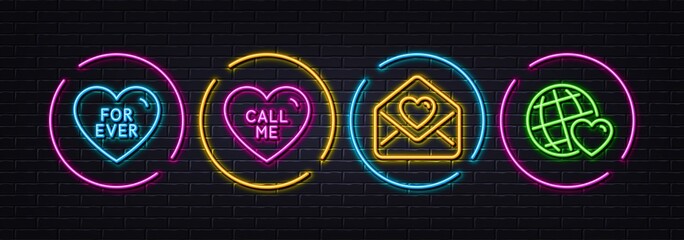 Call me, For ever and Love letter minimal line icons. Neon laser 3d lights. Friends world icons. For web, application, printing. Love sweetheart, Heart. Neon lights buttons. Call me glow line. Vector