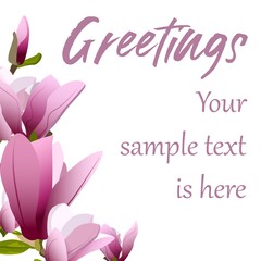 Vector template of greeting card with blooming purple magnolia flowers on white background