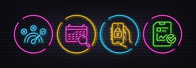 Correct answer, Search calendar and Locked app minimal line icons. Neon laser 3d lights. Report checklist icons. For web, application, printing. Speed symbol, Find date, Smartphone lock. Vector