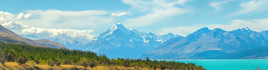 Mount cook viewpoint with the lake pukaki and the road leading to mount cook village in South Island New Zealand.