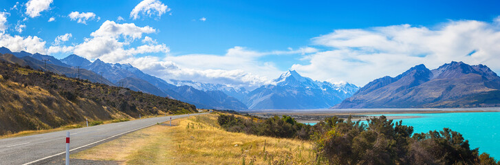 Naklejka na ściany i meble Mount cook viewpoint with the lake pukaki and the road leading to mount cook village in South Island New Zealand.