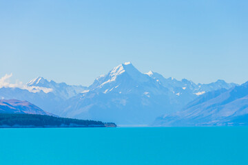 Naklejka premium Mount cook viewpoint with the lake pukaki and the road leading to mount cook village in South Island New Zealand.