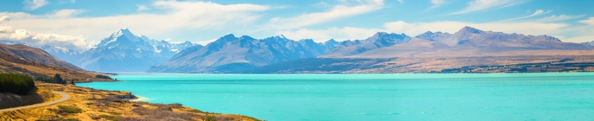 Mount cook viewpoint with the lake pukaki and the road leading to mount cook village in South...