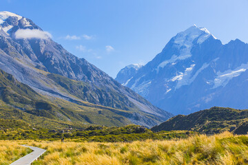 Fototapeta premium Mount cook viewpoint with the lake pukaki and the road leading to mount cook village in South Island New Zealand.
