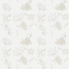 Beige seamless pattern vector flowers design vintage, retro floral botanical ornament background, line flowers background wallpaper drawing illustration