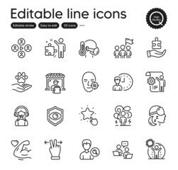 Set of People outline icons. Contains icons as Insomnia, Strong arm and Settings blueprint elements. Sick man, Delivery market, Pets care web signs. Teamwork, Support. Outline insomnia icon. Vector