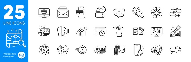 Outline icons set. Smile chat, Engineering and Edit statistics icons. Search map, Seo targeting, Demand curve web elements. Megaphone, Engineering documentation, Timer signs. Mail. Vector