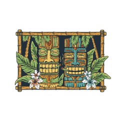 Tiki masks with tropical leaves of palm and exotic flowers. Tiki background for summer hawaii surfing or beach bar