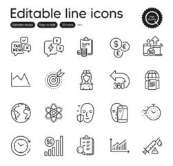Set of Science outline icons. Contains icons as 360 degrees, Accounting and Line chart elements. Inspect, Graph, Timer web signs. Chemistry atom, Fake news, Target purpose elements. Vector