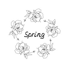 One line rose flowers wreath with text Spring. Single line floral drawings border