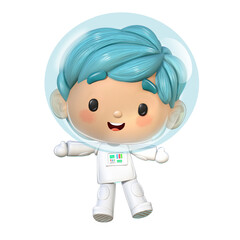 Boy in astronaut suit floating without gravity on white background