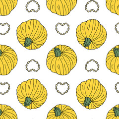 Seamless pattern with hand drawn yellow pumpkins. White background. Autumn digital paper.